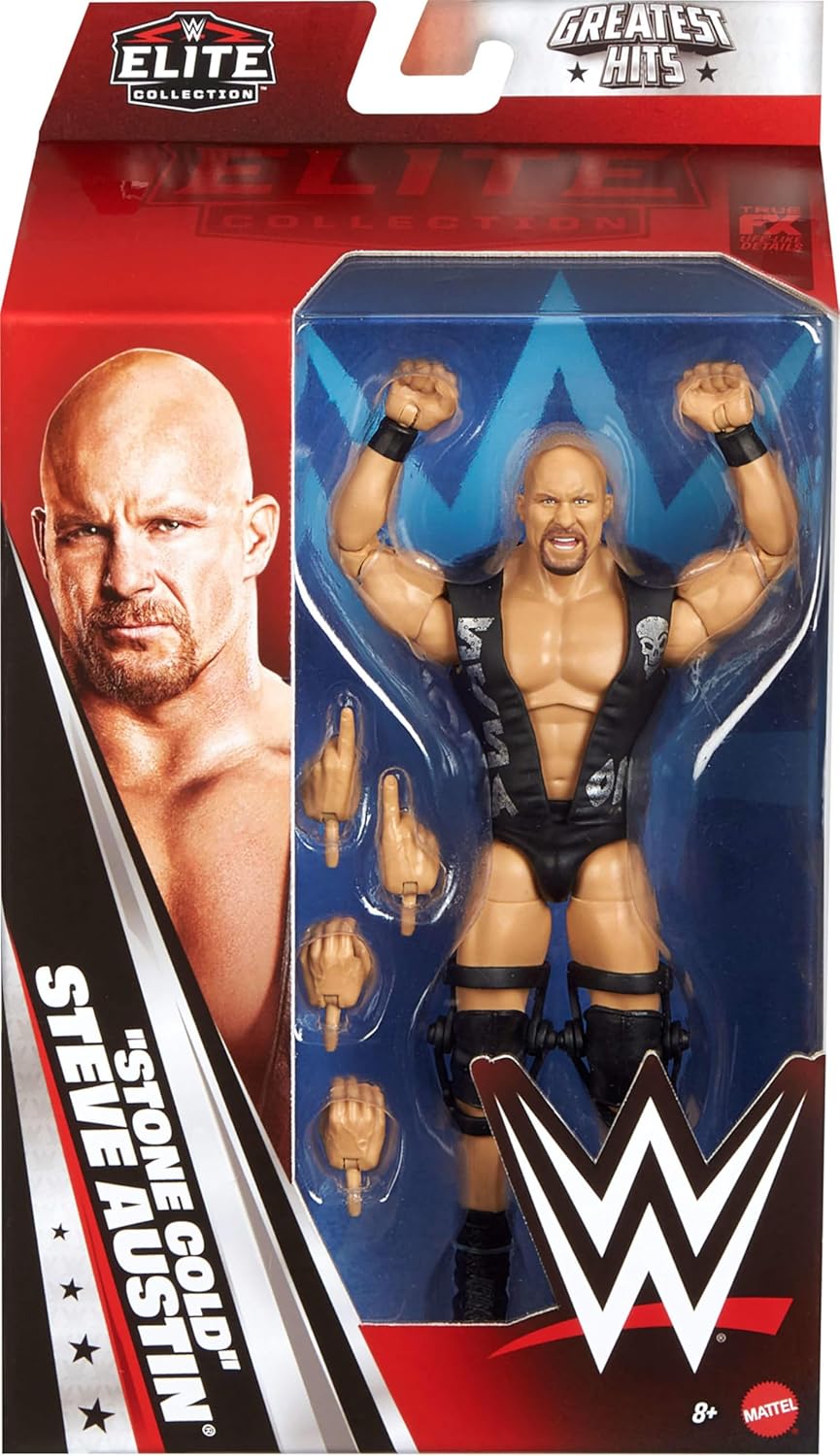 Mattel WWE Elite Action Figure & Accessories, Greatest Hits 2025 Set, 6-inch Collectible “Stone Cold” Steve Austin with 25 Articulation Points & Swappable Hands